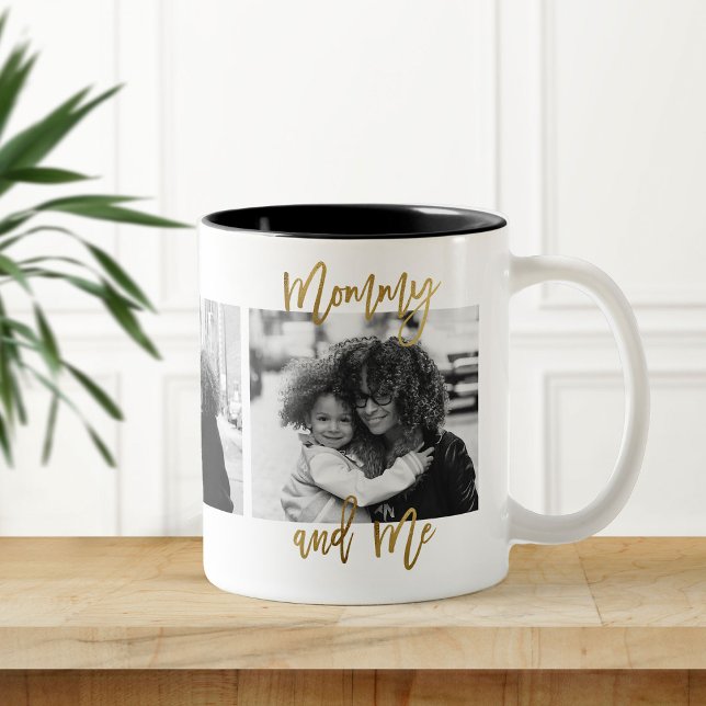 Mother's Gift Mommy and Me Gold Photo Collage Two-Tone Coffee Mug (Creator Uploaded)