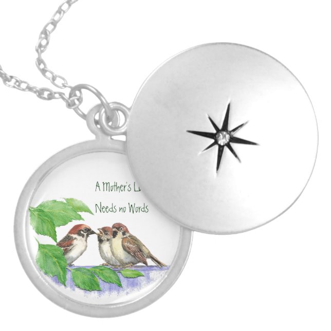 Mother's Love Needs no Words, Sparrow Birds Locket Necklace (Front)