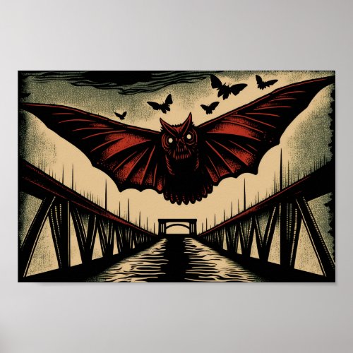 Mothman and Bridge Spooky Woodcut Art Print