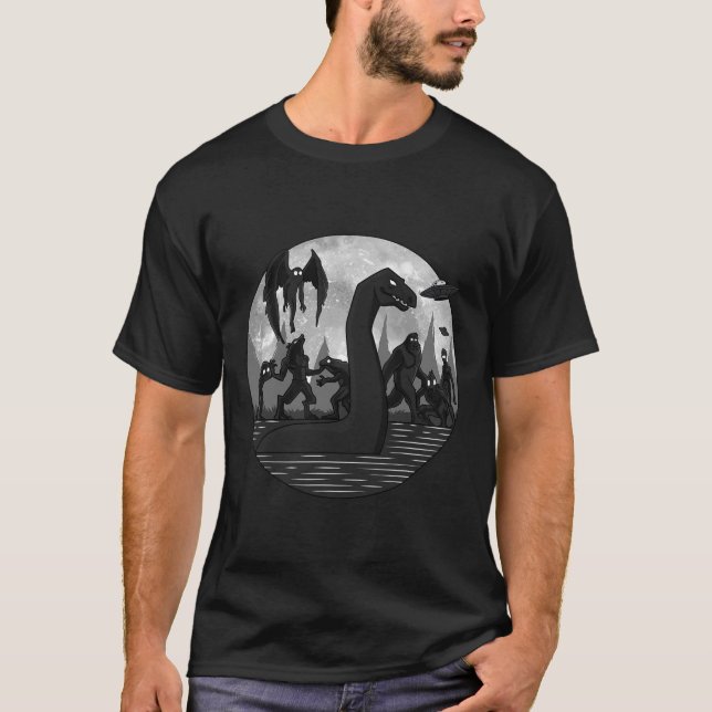 Mothman Bigfoot Loch Ness Monster Aliens UFO Fun C T-Shirt (Front)