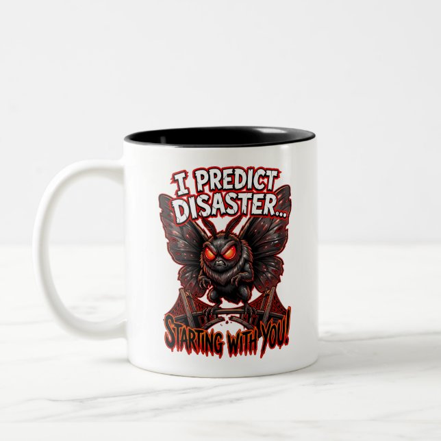 Mothman I Predict Disaster Funny Cryptid Humor Two-Tone Coffee Mug (Left)