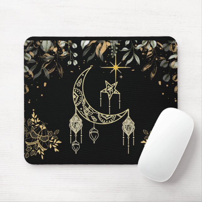 Moths and Moon Celestial Black Mouse Pad (With Mouse)