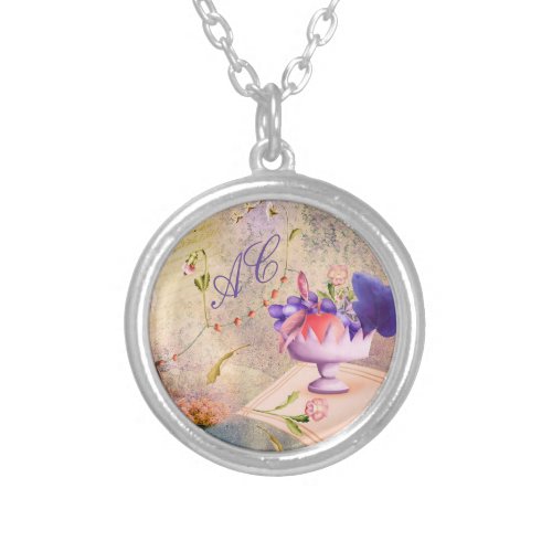 Moths and Pansies with initial Silver Plated Necklace