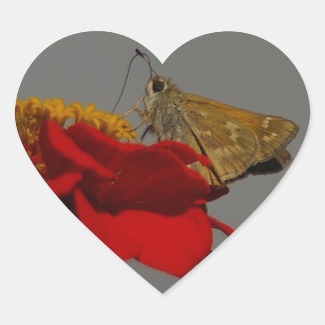 Moths and Red Zinnia Heart Sticker (Front)