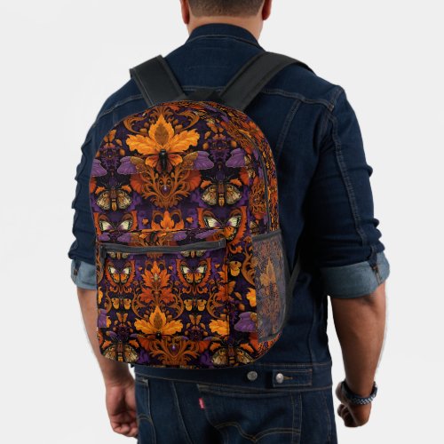 Moths Autumn Vibes Damask Floral Pattern Printed Backpack