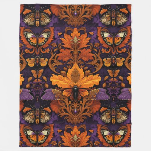 Moths Halloween Vibes Damask Floral Pattern Fleece Blanket