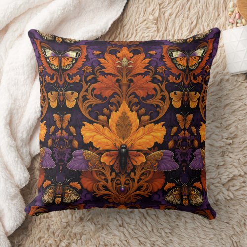 Moths Halloween Vibes Damask Floral Pattern Throw Pillow