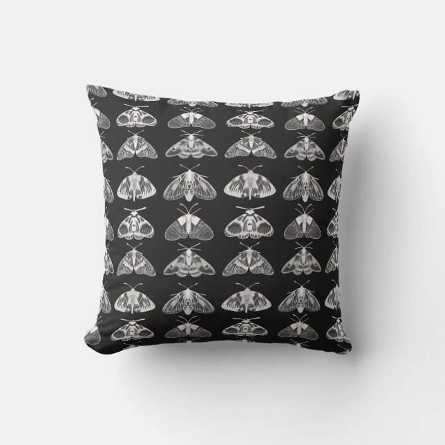 Moths in Black, White and Gray Outdoor Pillow (Front)