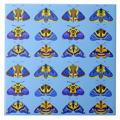 Moths in Blue Golden Yellow and Brown Ceramic Tile
