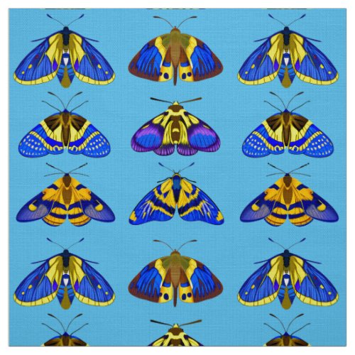 Moths in Blue Golden Yellow and Brown Fabric