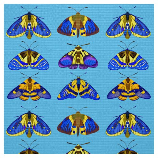 Moths in Blue, Golden Yellow and Brown Fabric