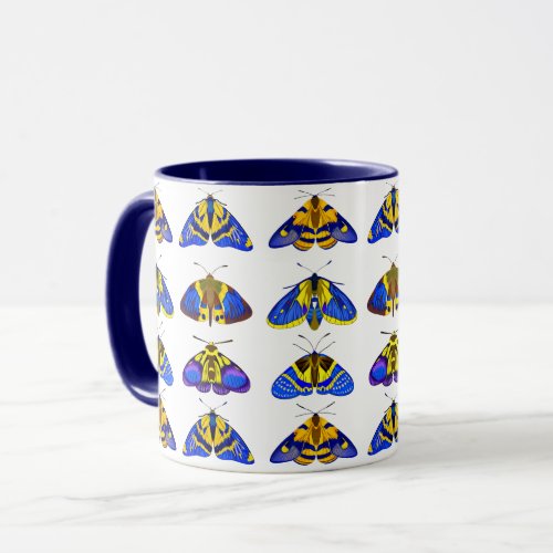 Moths in Blue Golden Yellow and Brown Mug
