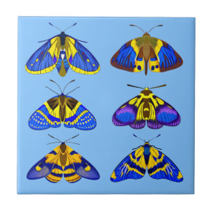 Moths in Blue, Golden Yellow and Brown small Ceramic Tile