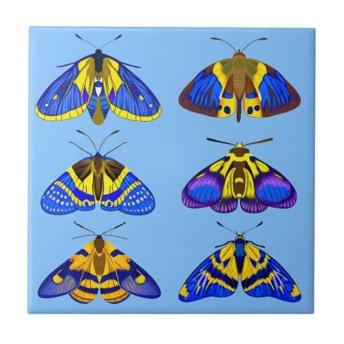 Moths in Blue Golden Yellow and Brown small Ceramic Tile