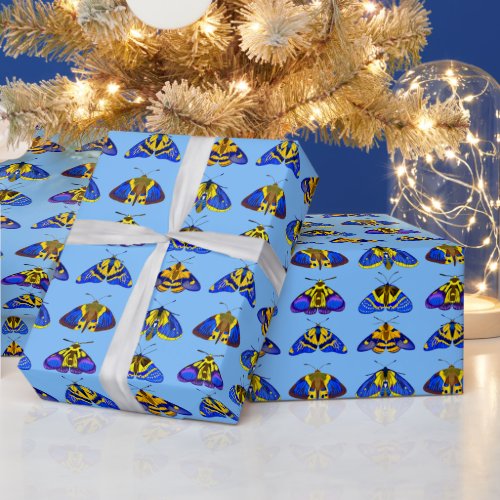 Moths in Blue Golden Yellow and Brown Wrapping Paper