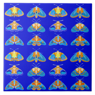 Moths in Dark Blue, Orange and Turquoise Ceramic Tile