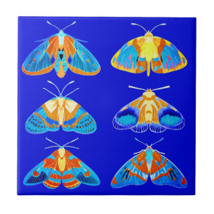 Moths in Dark Blue, Orange and Turquoise small Ceramic Tile