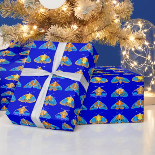 Moths in Dark Blue Orange and Turquoise  Wrapping Paper