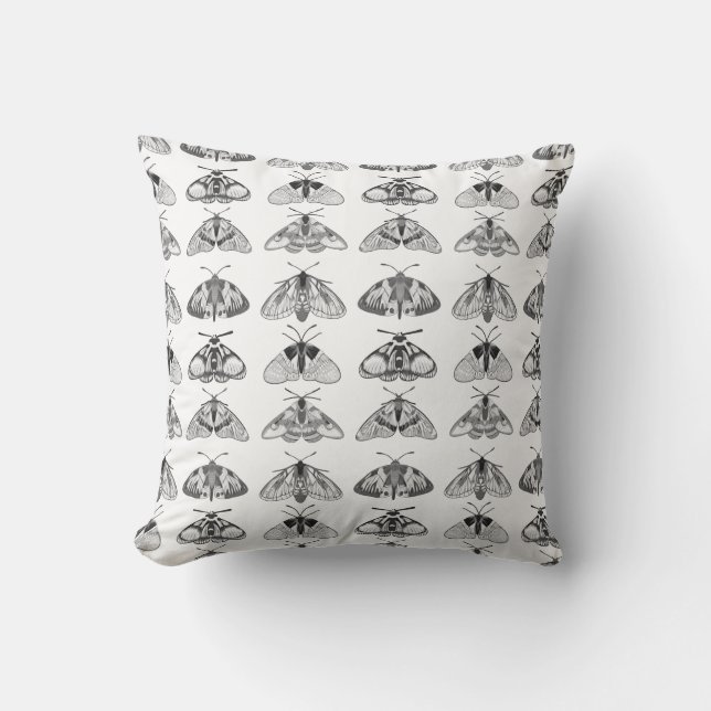 Moths in Gray, Black and White Outdoor Pillow (Front)