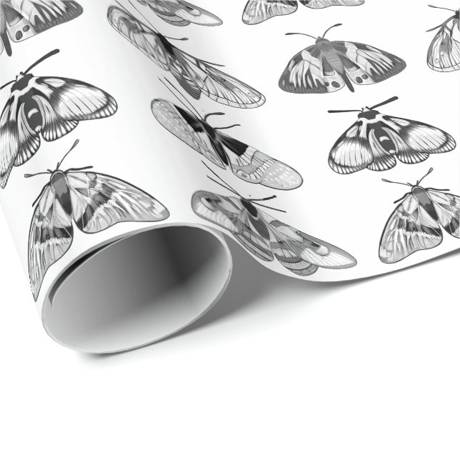 Moths in Gray, Black and White Wrapping Paper (Roll Corner)