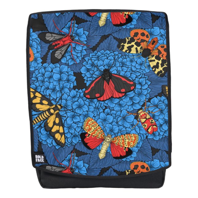 Moths on blue hydrangea backpack (Front)