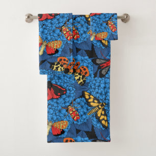 Moths on blue hydrangea bath towel set