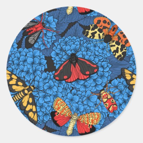 Moths on blue hydrangea classic round sticker