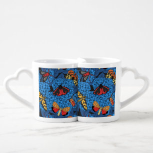 Moths on blue hydrangea coffee mug set