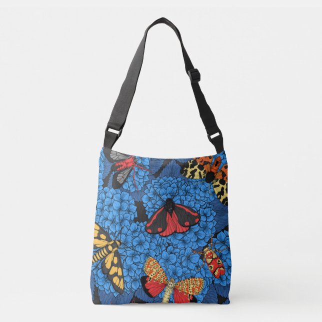 Moths on blue hydrangea crossbody bag (Front)