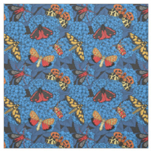 Moths on blue hydrangea fabric