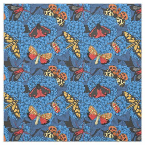 Moths on blue hydrangea fabric