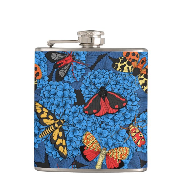 Moths on blue hydrangea flask (Front)