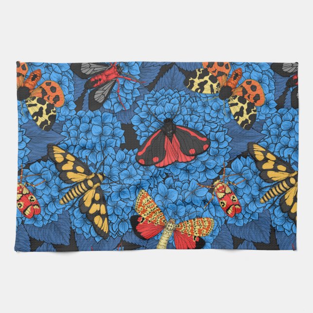 Moths on blue hydrangea kitchen towel (Horizontal)