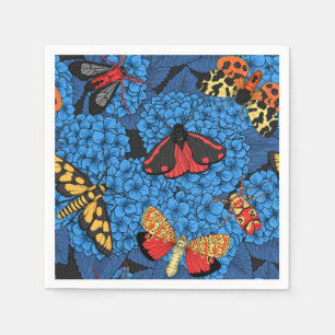 Moths on blue hydrangea napkins