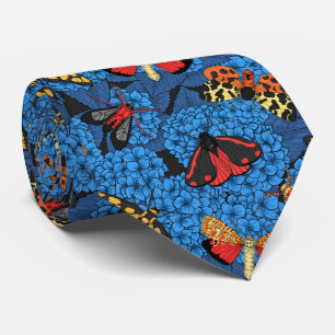 Moths on blue hydrangea neck tie