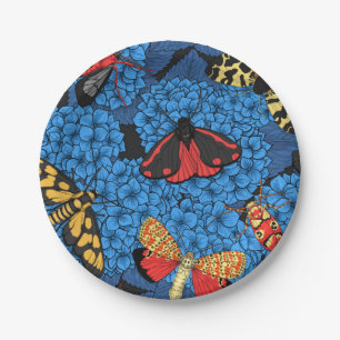 Moths on blue hydrangea paper plates