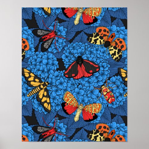 Moths on blue hydrangea poster