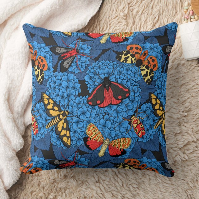 Moths on blue hydrangea throw pillow (Blanket)