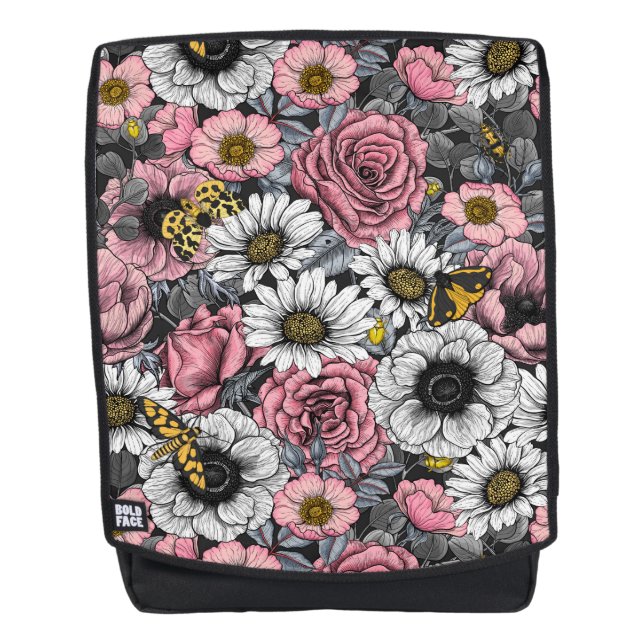 Moths on flower mix in pink and gray backpack (Front)