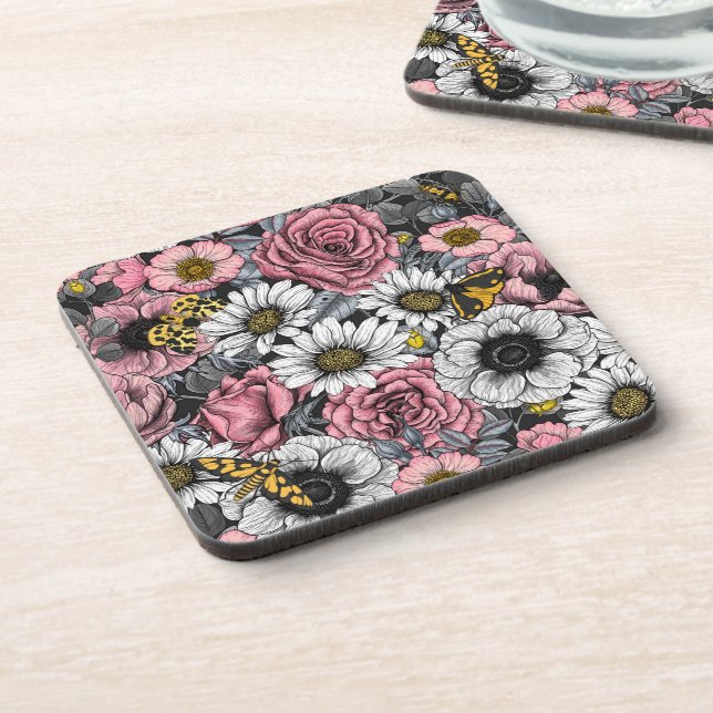 Moths on flower mix in pink and gray beverage coaster (Left Side)
