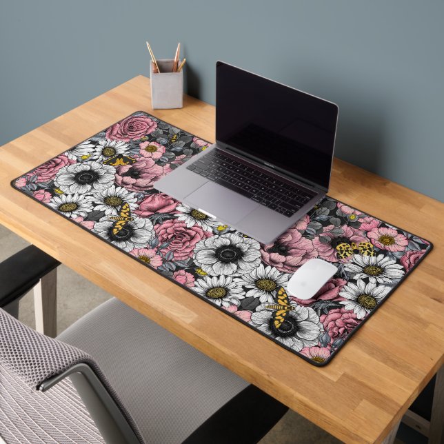 Moths on flower mix in pink and gray desk mat (Office 2)