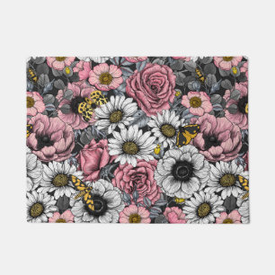 Moths on flower mix in pink and gray doormat