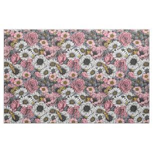 Moths on flower mix in pink and gray fabric