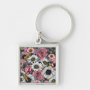 Moths on flower mix in pink and gray keychain