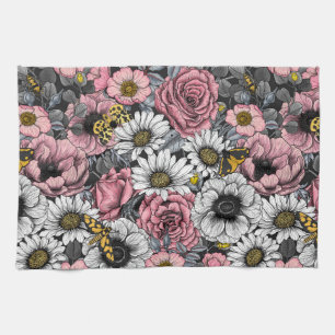 Moths on flower mix in pink and gray kitchen towel