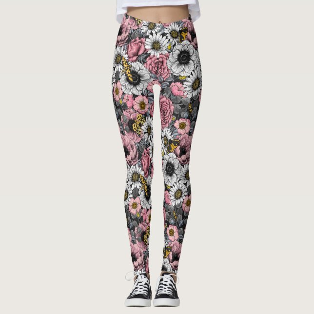 Moths on flower mix in pink and gray leggings (Front)