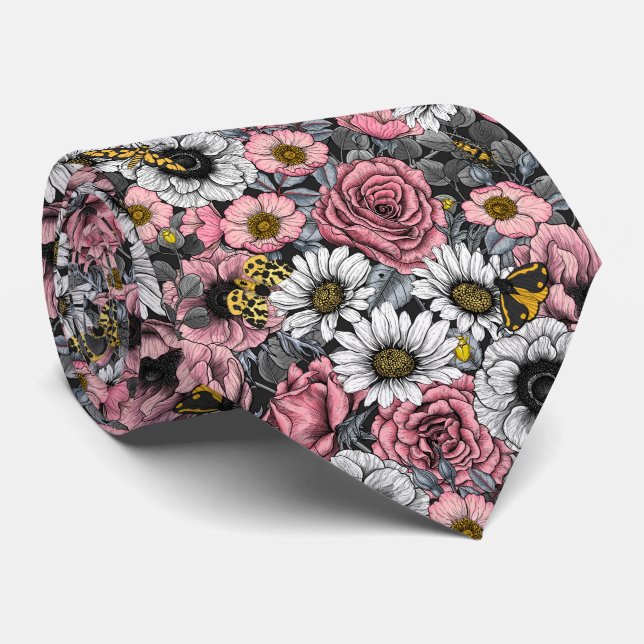 Moths on flower mix in pink and gray neck tie (Rolled)