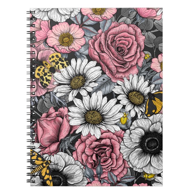 Moths on flower mix in pink and gray notebook (Front)