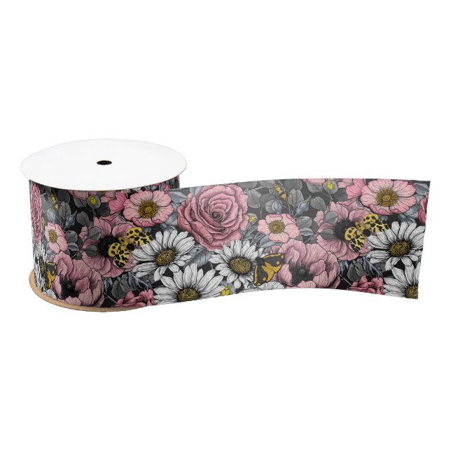 Moths on flower mix in pink and gray satin ribbon (Spool)