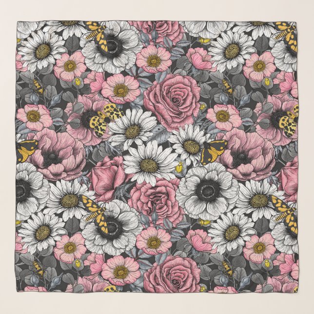 Moths on flower mix in pink and gray scarf (Front)